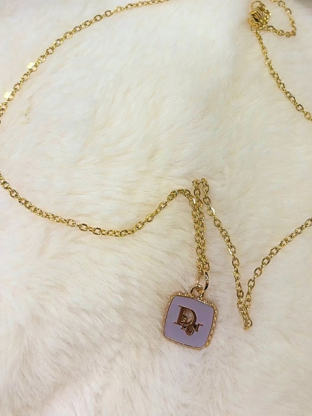 Upcycled Dior Stamped Gold Necklace with Lilac Pendant